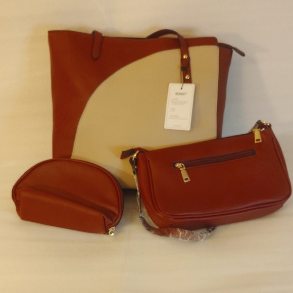 NEWHEY Handbags - NEWHEY Wine and Beige Totes with Gold Hardware
